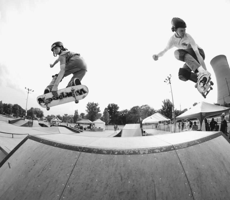 seniors Mason Alm and Mason Grossman catch big air in neighboring skatepark.