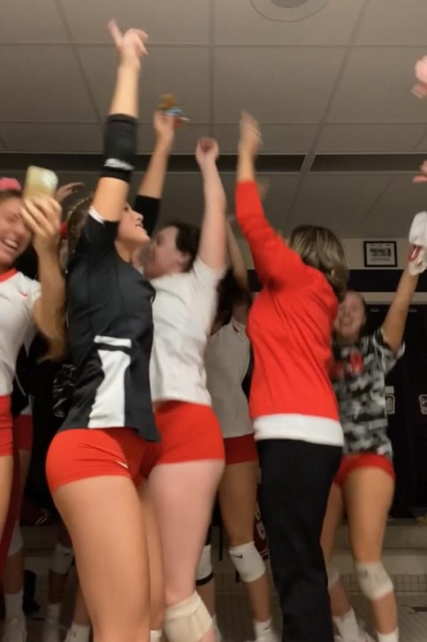 The Girls Volleyball Team participates in their traditional post-season dance party in the locker room.