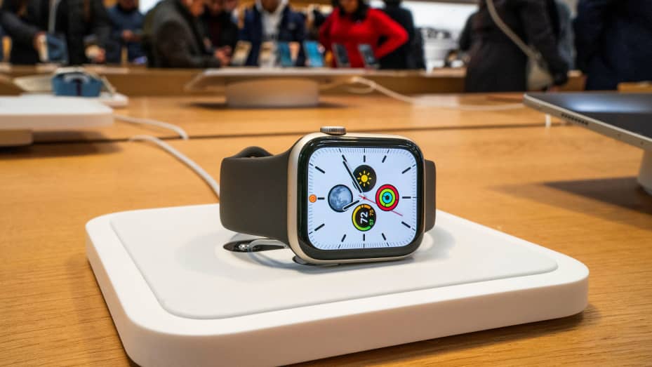 The latest Apple Watch model is displayed at an Apple store.