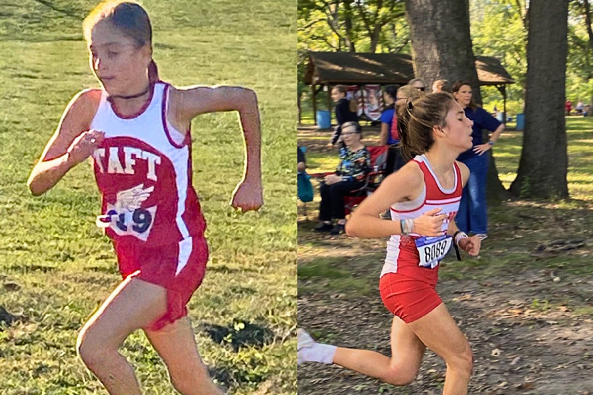 Sophomore Ashley Wallace running cross country in 6th (left) and 10th (right) grade.