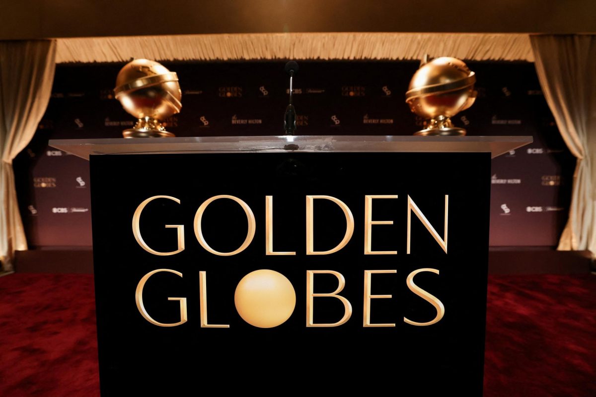 A podium stands near Golden Globe statues, ahead of the announcement of the nominations for the 83rd Golden Globe Awards in Beverly Hills, California, U.S., December 8, 2025. REUTERS/Mario Anzuoni