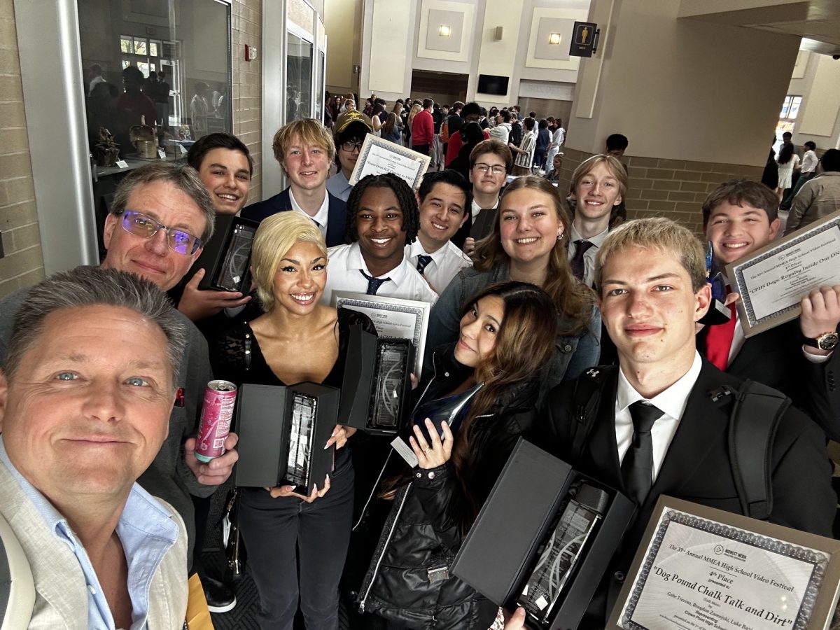 CPTV students and advisors pose with their awards after winning first place for Best News Broadcast at the MMEA awards ceremony.
